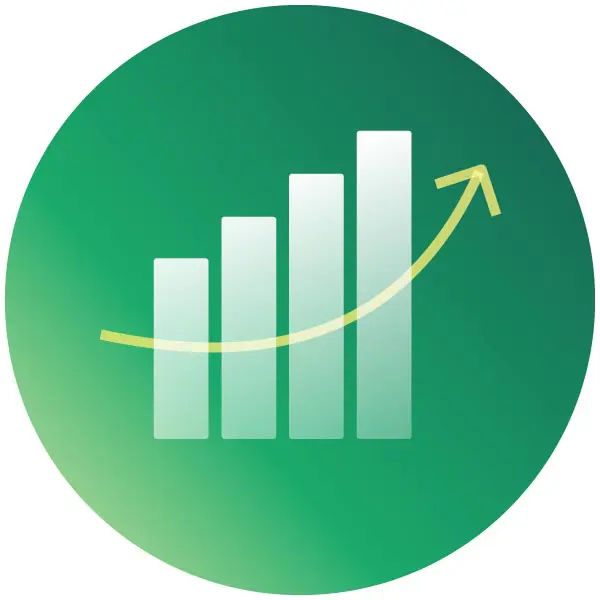 A graph and arrow pointing up over a circle